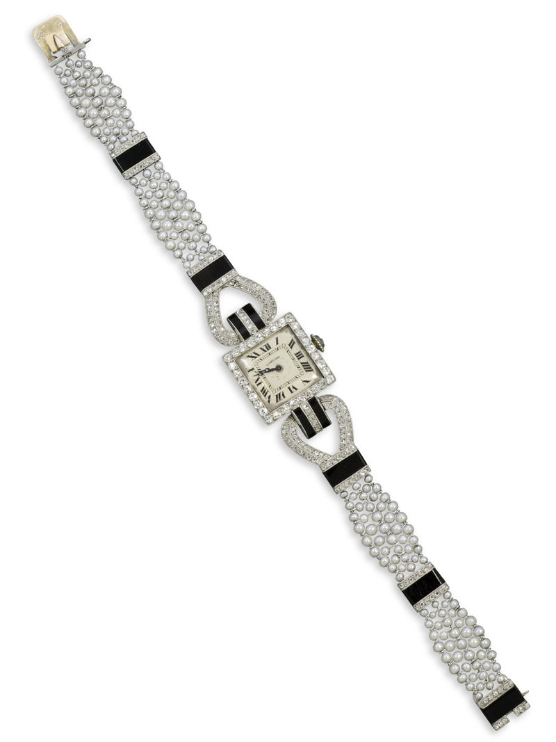 Cartier Art Deco Platinum Diamond Onyx & Pearl Watch