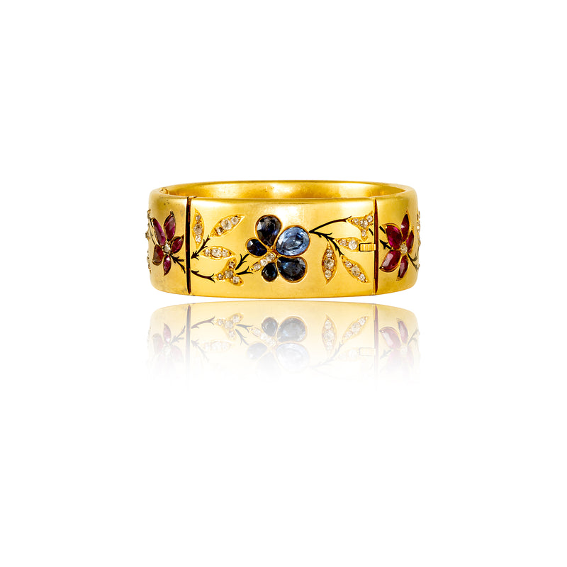 Vintage 18K Yellow Gold Diamond Sapphire & Ruby Bangle Bracelet