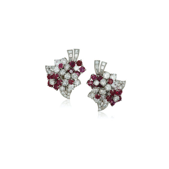 Van Cleef & Arpels Platinum Diamond Ruby Flower Earrings