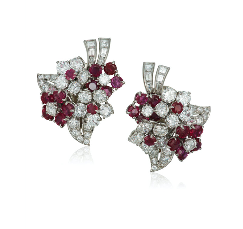 Van Cleef & Arpels Platinum Diamond Ruby Flower Earrings